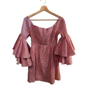 Gianni Bini Off-Shoulder Ruffled Bell Sleeve Red Striped Mini Dress Women's M